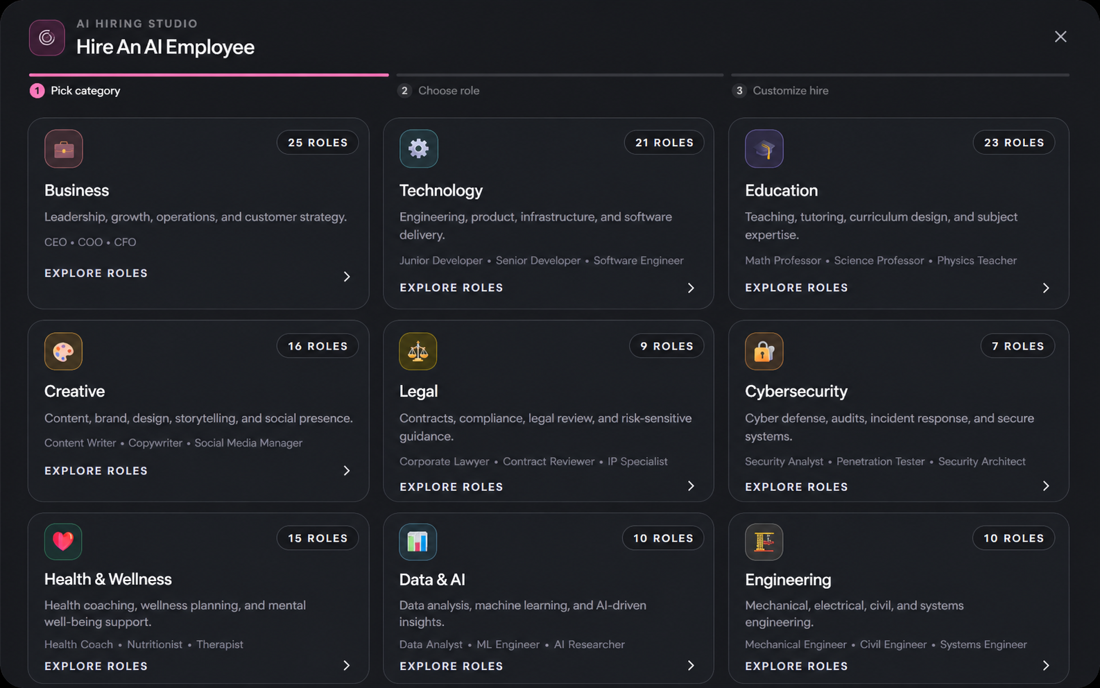 MoodLens AI Hiring Studio with role-based AI Employee categories