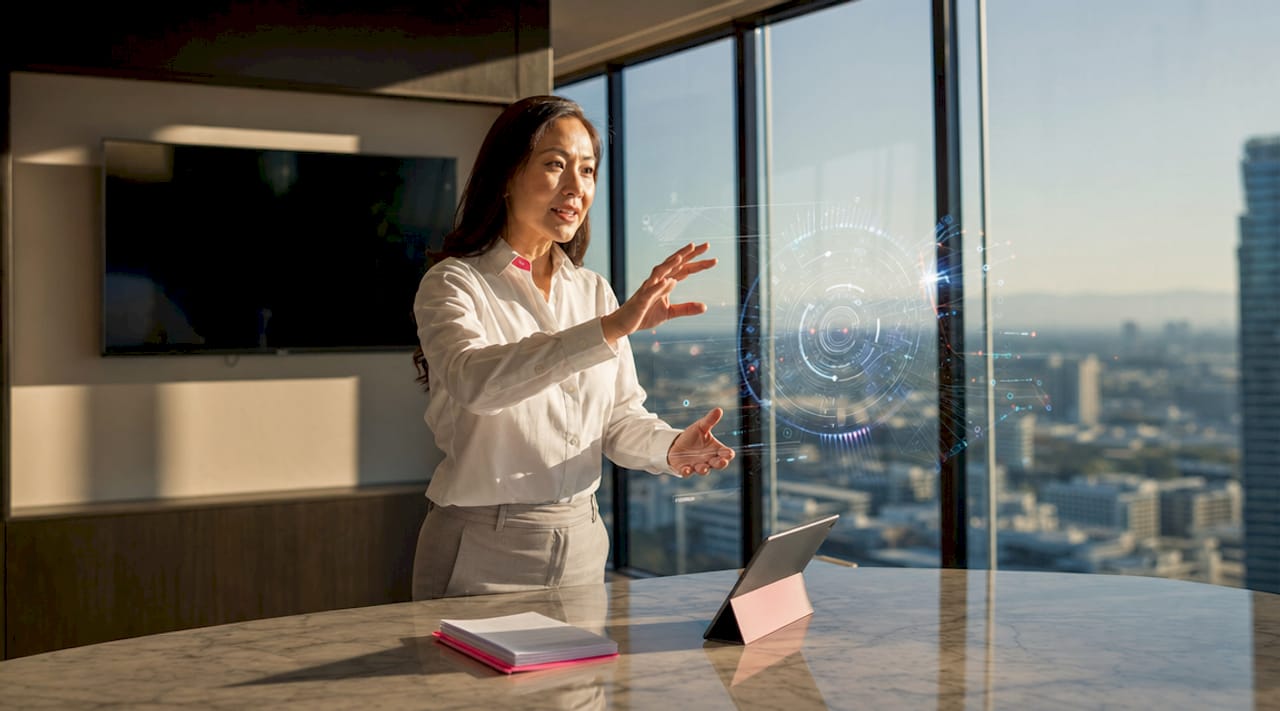 Leader using AI collaboration tools in a modern office