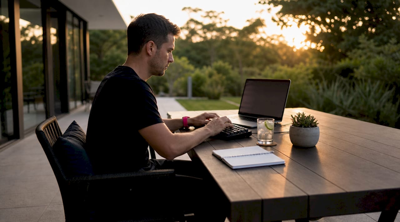 Hands using an AI coding assistant at a workstation