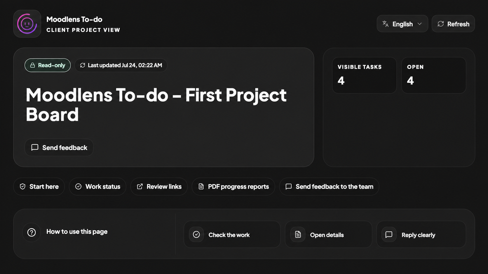 MoodLens Client Project View with live status and feedback controls