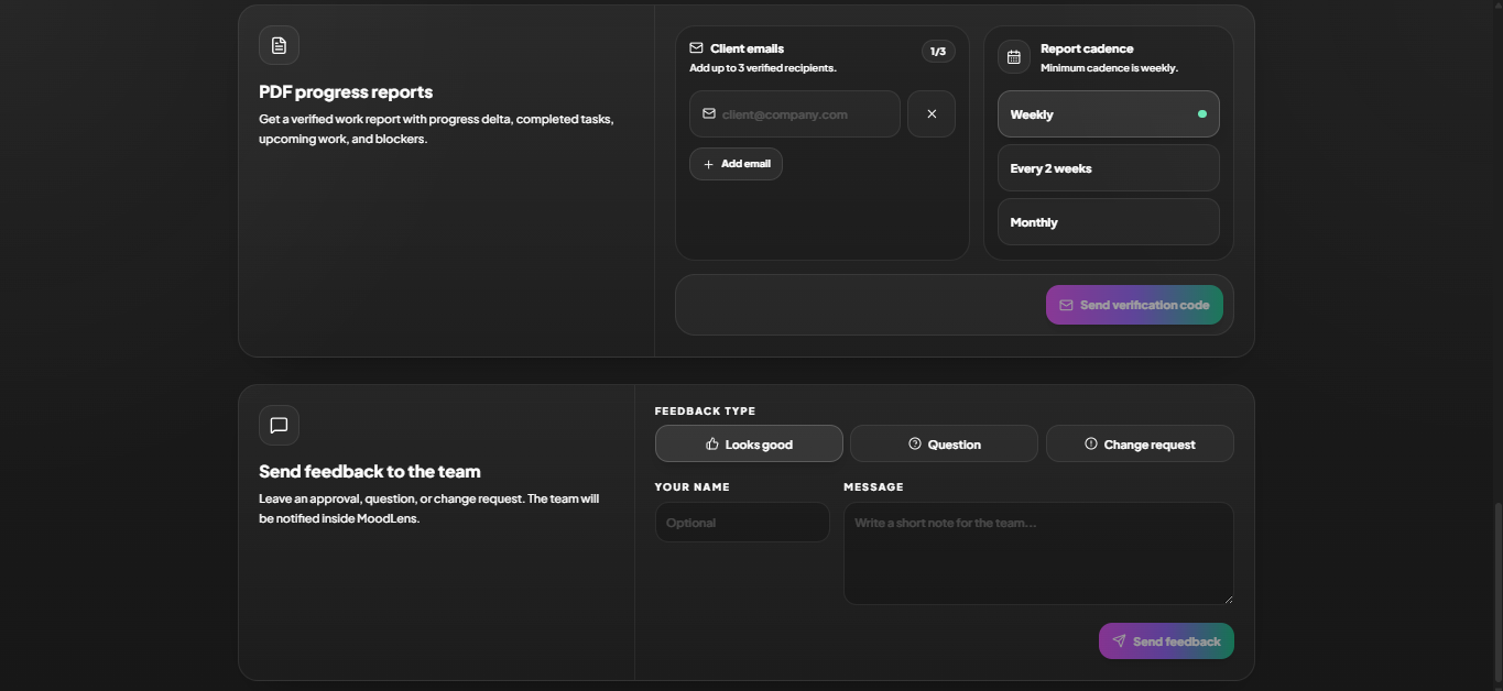 MoodLens Client Share PDF reports and client feedback form