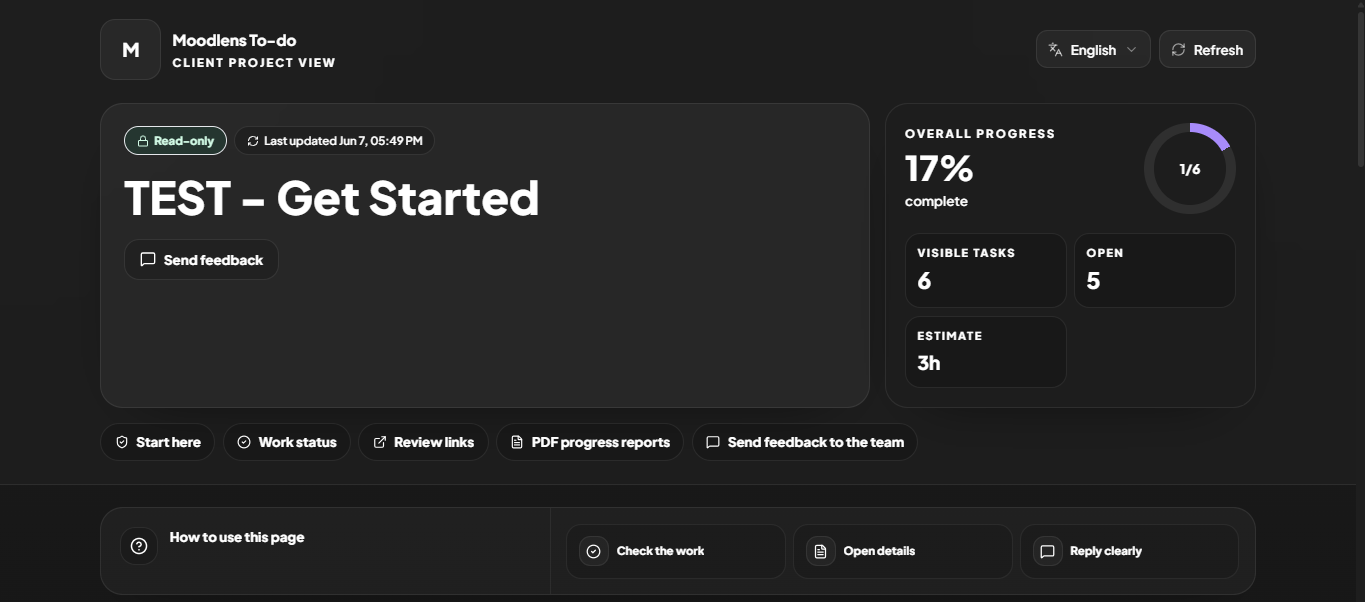 MoodLens Client Share overview with read-only project progress