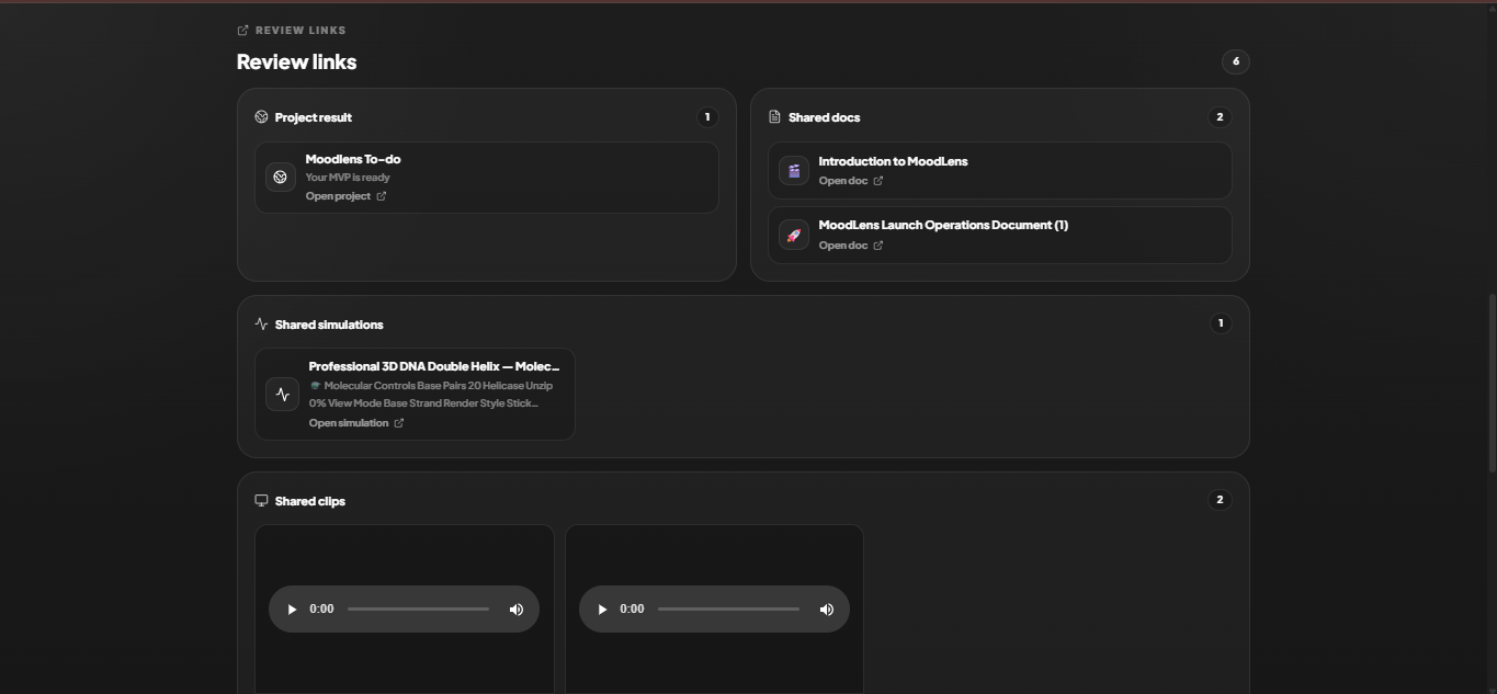 MoodLens Client Share review links for project result, docs, clips, and simulations