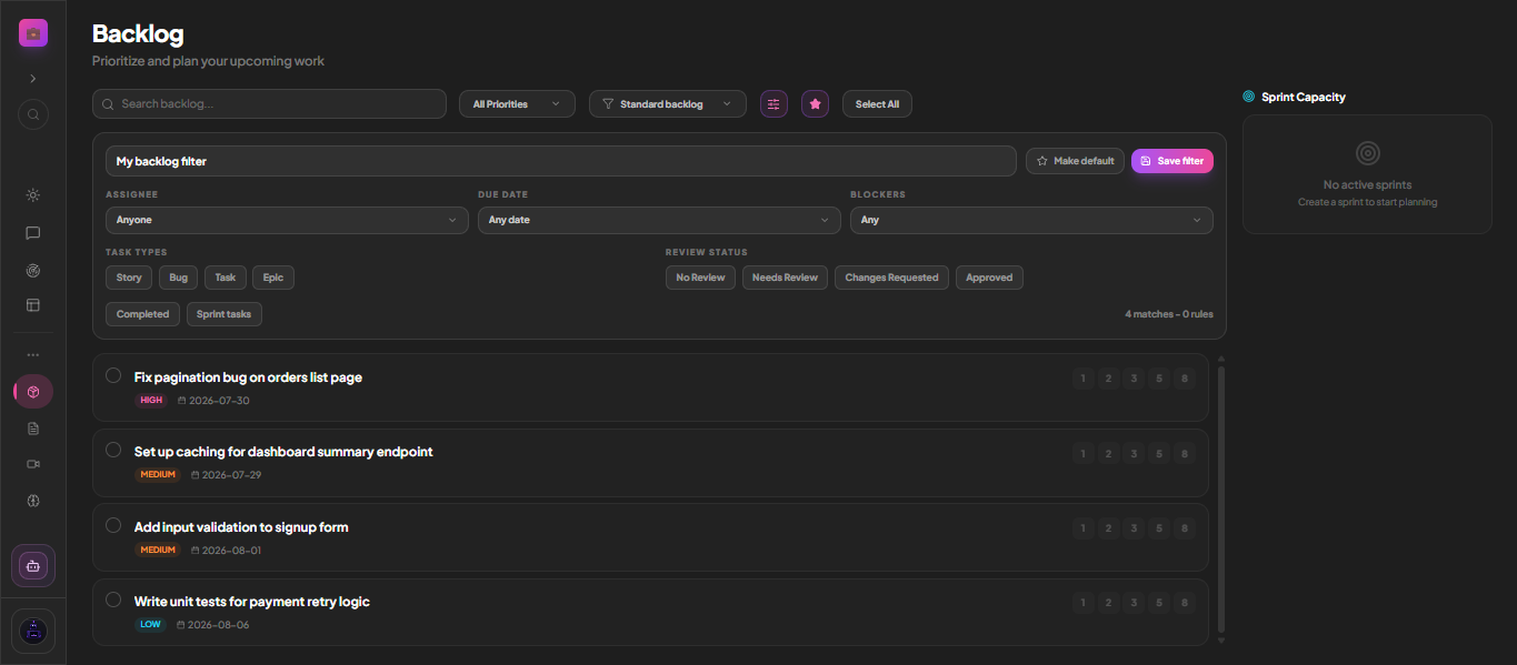 A named saved backlog filter in MoodLens with task type and review status controls