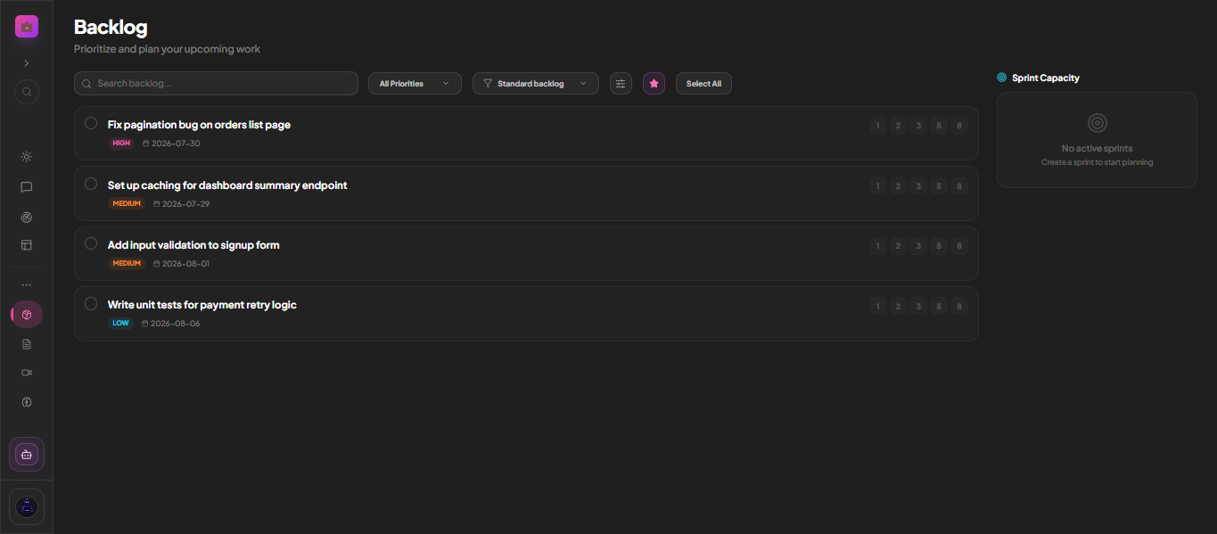 The MoodLens backlog listing unscheduled work with priorities and dates