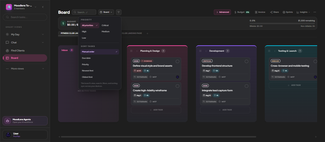 Priority filtering and sort options on a MoodLens board