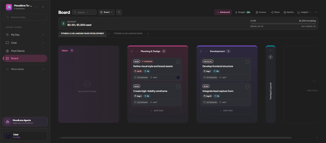 A MoodLens Kanban board with colour-coded columns, budget bar and invoice controls