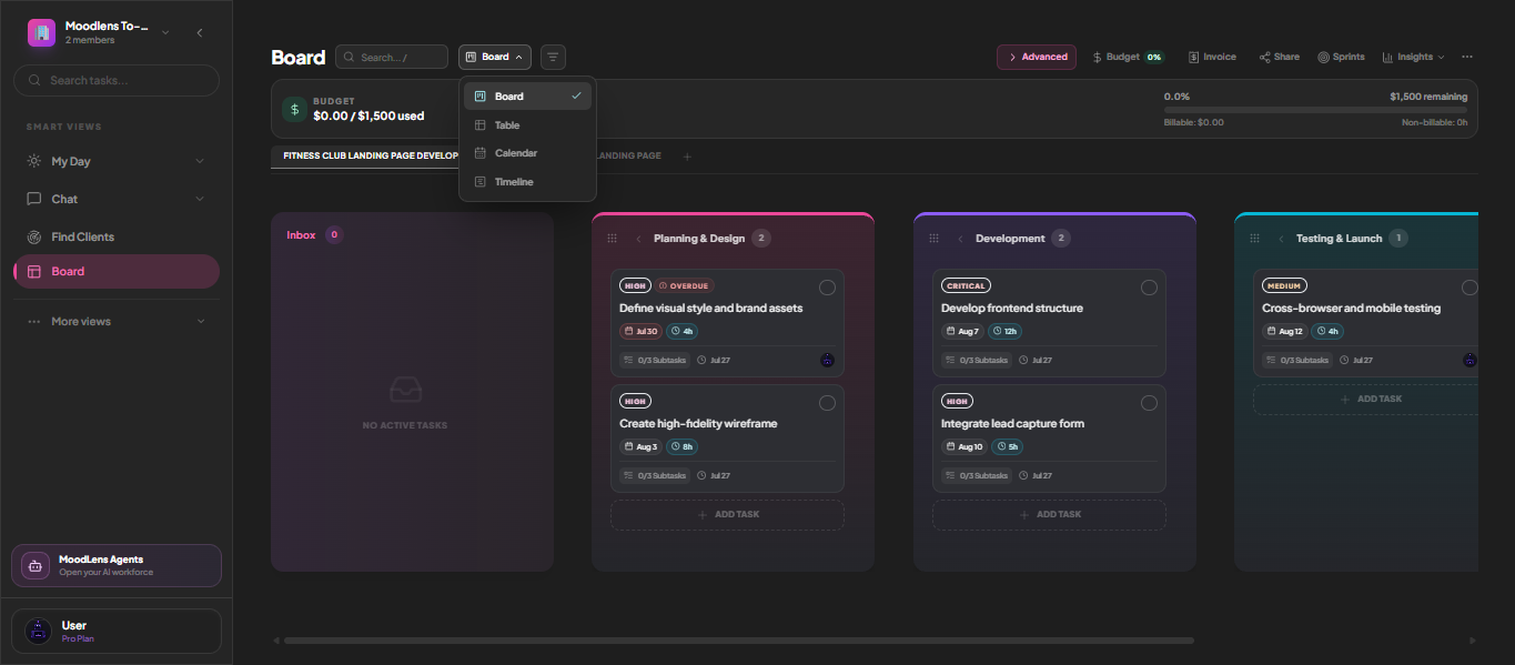 The MoodLens board view switcher offering Board, Table, Calendar and Timeline