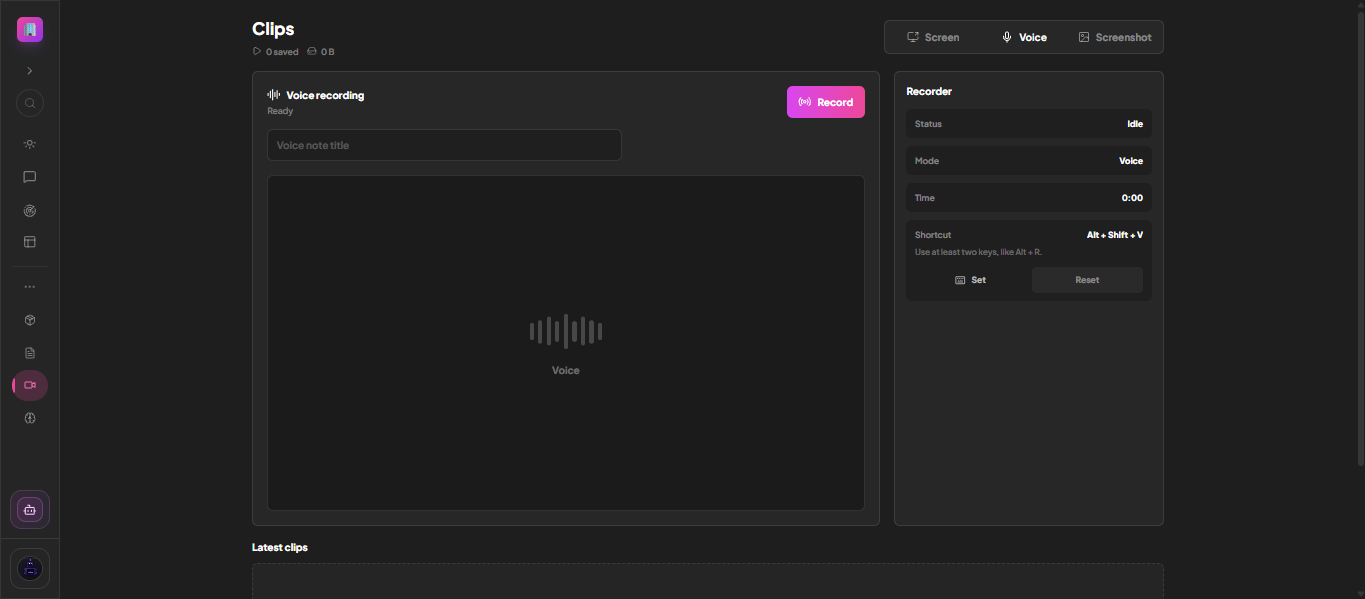 Recording a voice clip in MoodLens with the recorder panel showing idle status