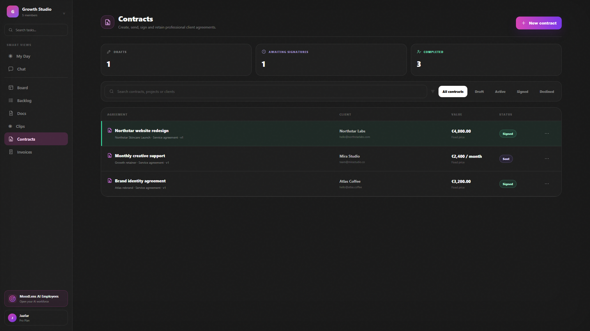 MoodLens contract workspace with drafts, signature status, client, value, and audit-ready records