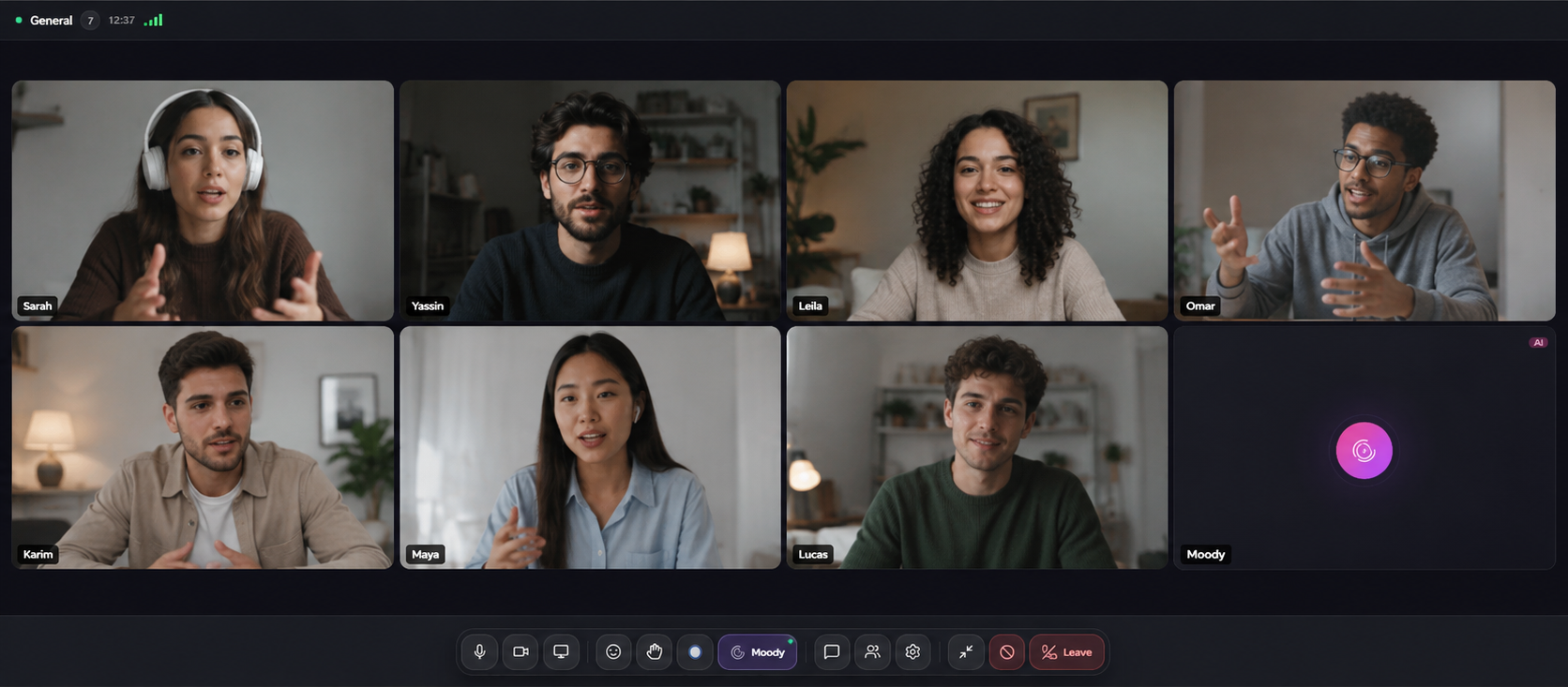 A MoodLens video call with seven participants and Moody joined as an AI attendee