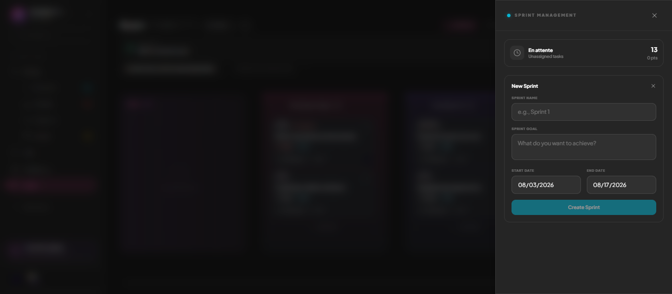 The MoodLens sprint management panel with a new sprint form and unassigned task count