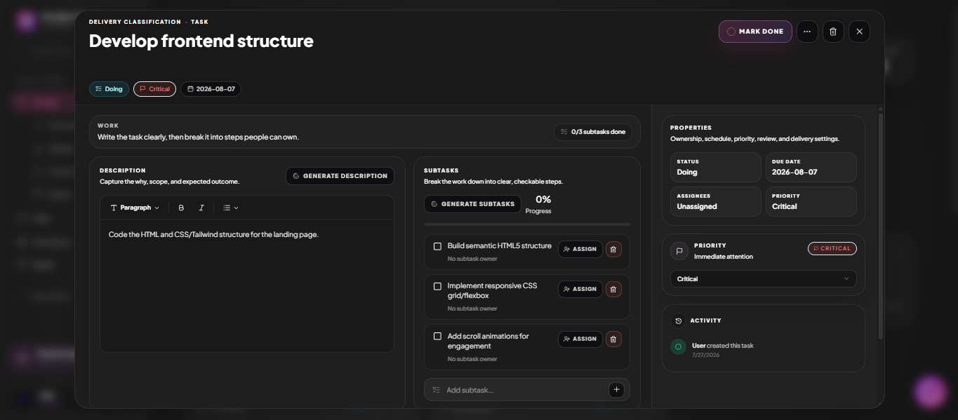 A MoodLens task detail panel with AI-generated subtasks, properties and activity