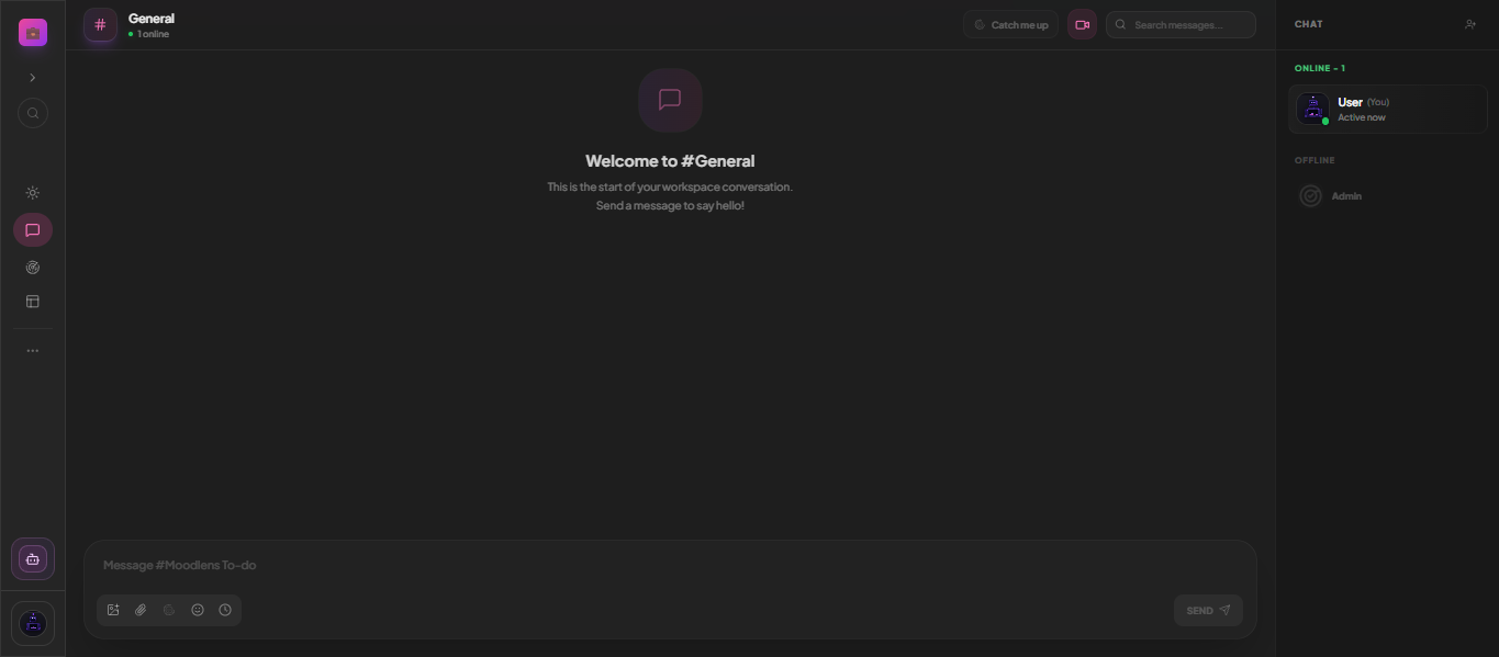 A MoodLens workspace channel with presence, member list and message composer