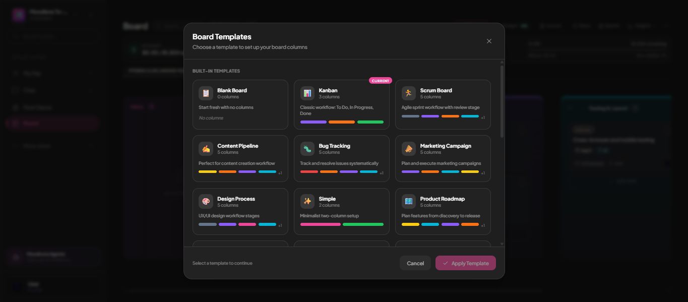 The MoodLens board template gallery showing built-in templates with column counts