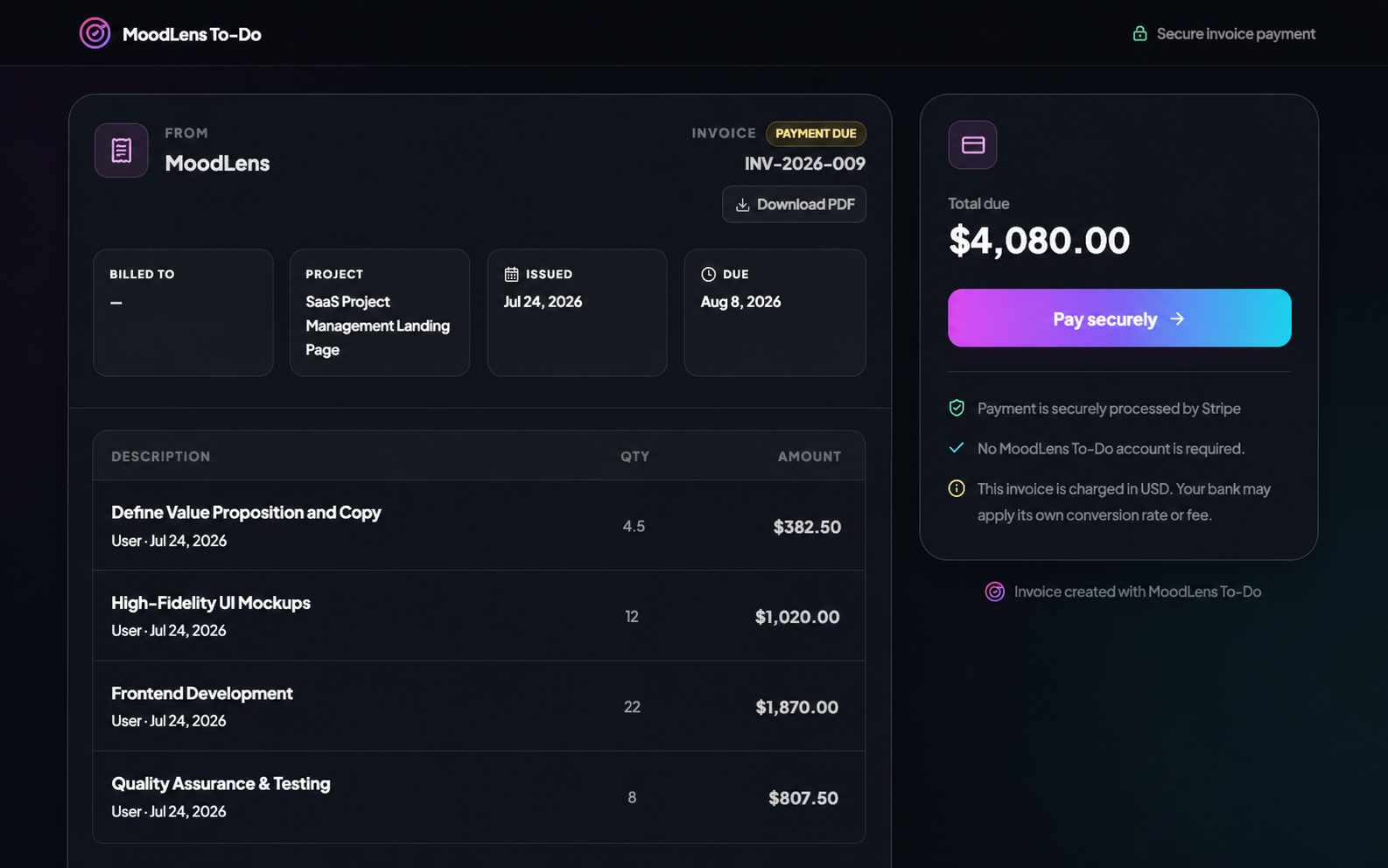 MoodLens secure invoice payment page with Stripe payment controls