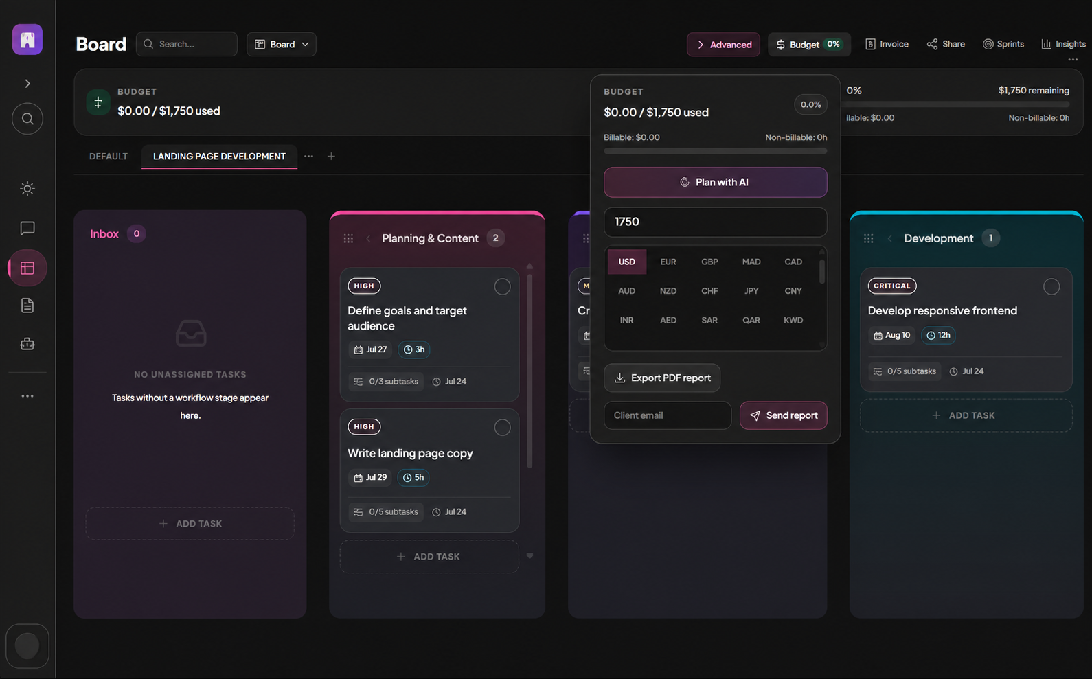 MoodLens project board with connected budget, reporting and invoice controls